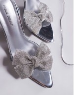 Fame embellished bowmid heel sandals in silver mirror